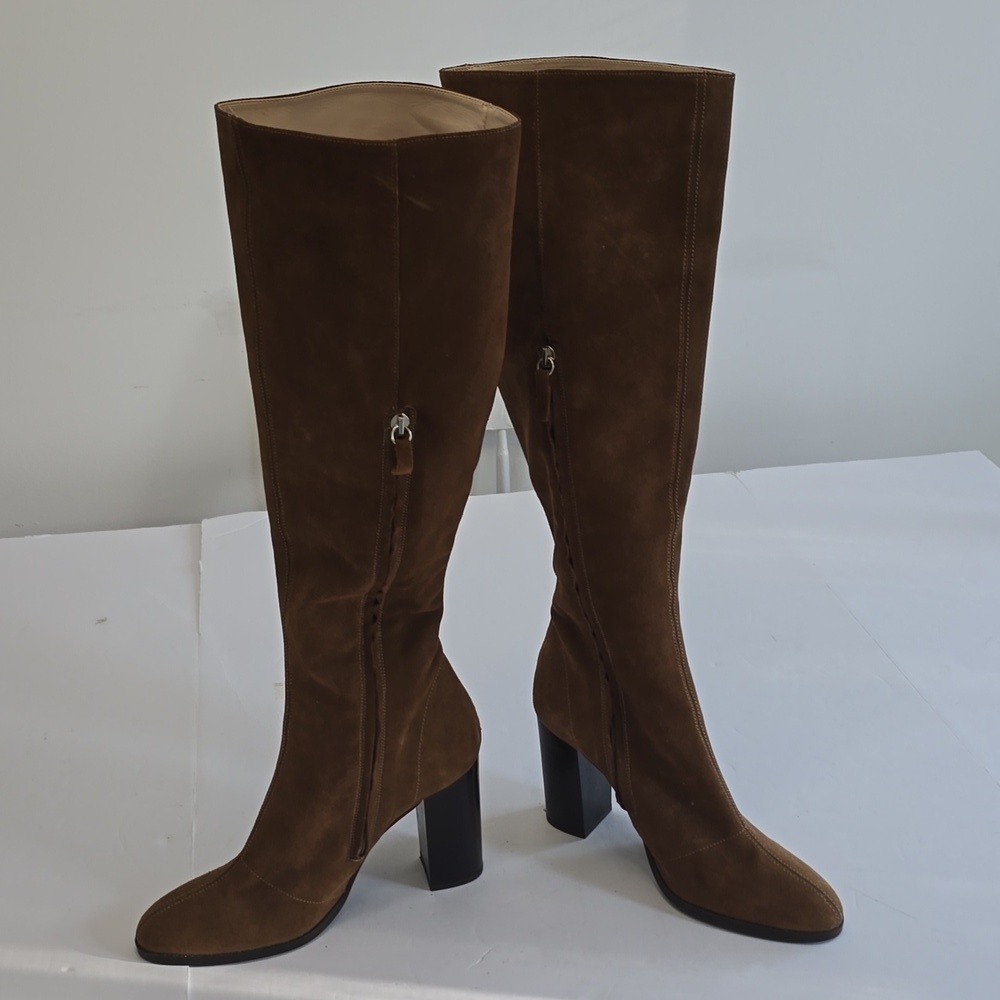 Zara Basic Collection Tall Knee High Leather Suede Boots Block Brown SZ EU 41